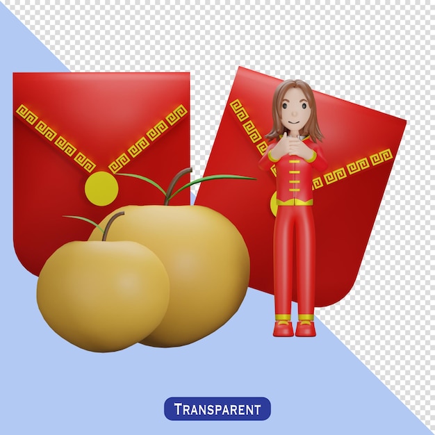 Angpao orange fruits with woman chinese dress in 3 d style happy chinese new year
