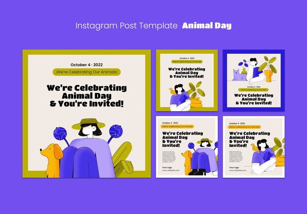 Animal day celebration instagram post set