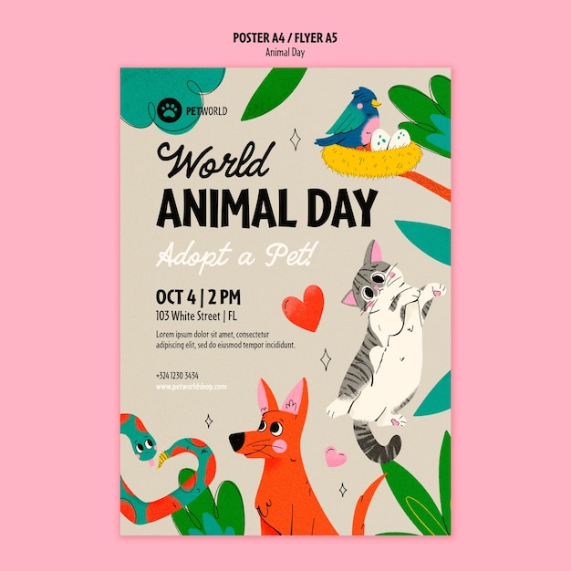 Modello di poster per la celebrazione del giorno degli animali