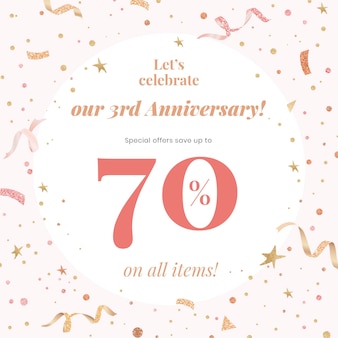 Anniversary sale template psd with 70% off for social media post