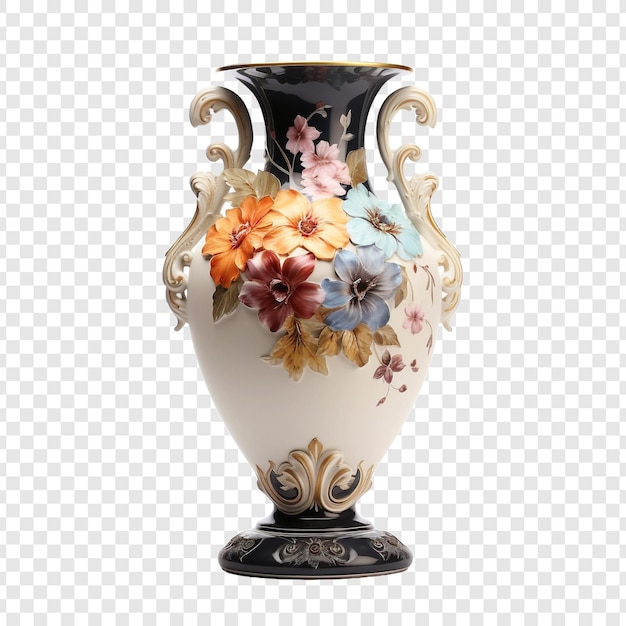 Free PSD antique porcelain vase with painted flowers isolated on transparent background