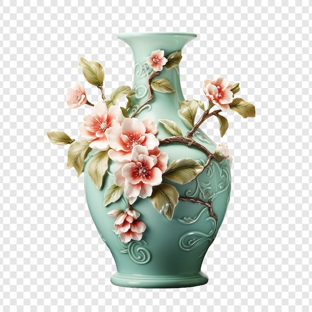 Free PSD antique porcelain vase with painted flowers isolated on transparent background