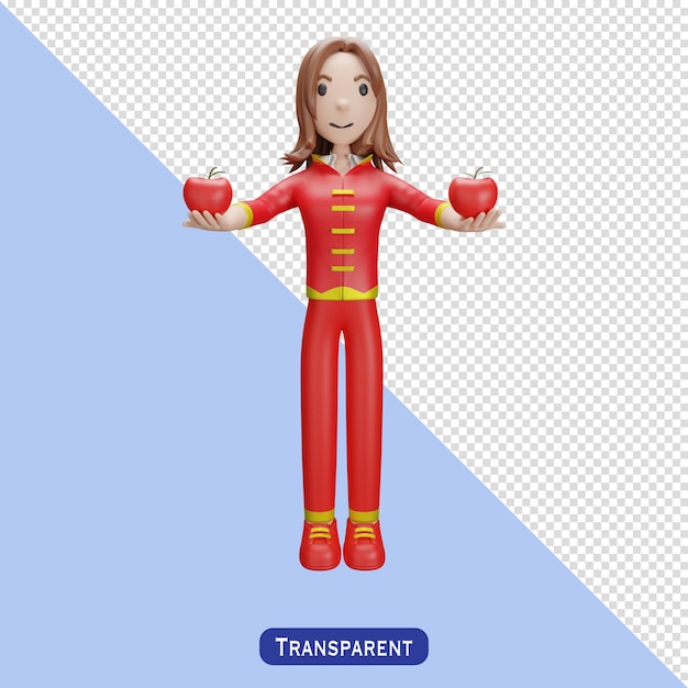 Apple and woman with chinese dress in 3 d style happy chinese new year