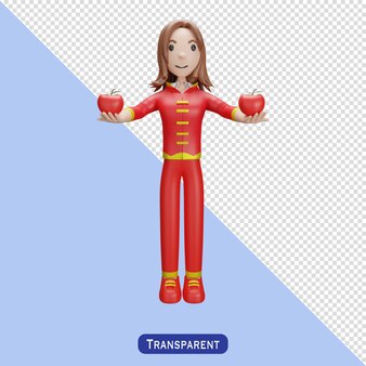 Apple and woman with chinese dress in 3 d style happy chinese new year