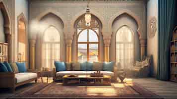 Free PSD arabic living room decorated generative ai