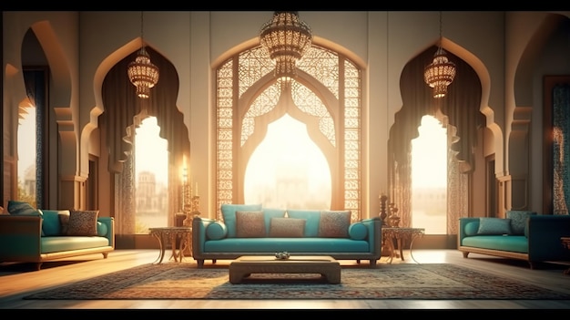 Free PSD arabic living room decorated generative ai