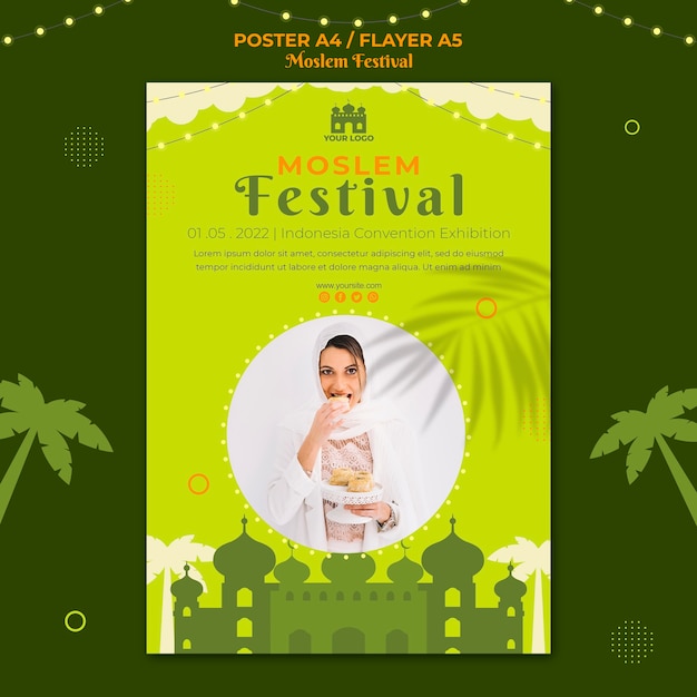 Arabic moslem festival poster print template