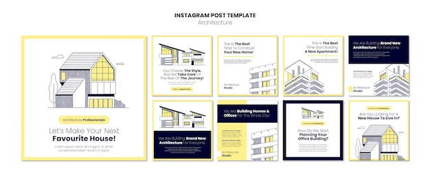 PSD gratuito collezione di post instagram di architettura e costruzione