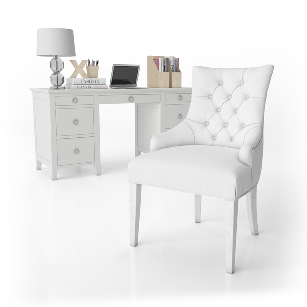 Free PSD armchair and writing desk with office supplies