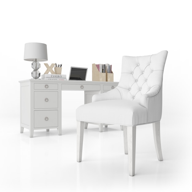 Free PSD armchair and writing desk with office supplies