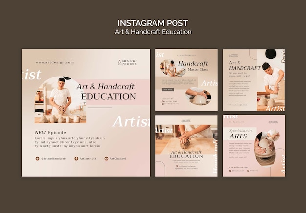 PSD gratuito set di post instagram per l'educazione artistica e artigianale