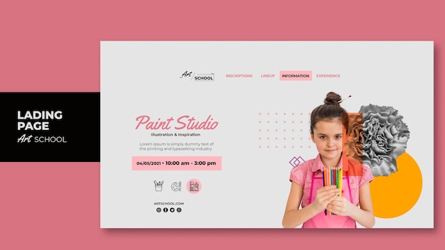 Art school landing page template with photo