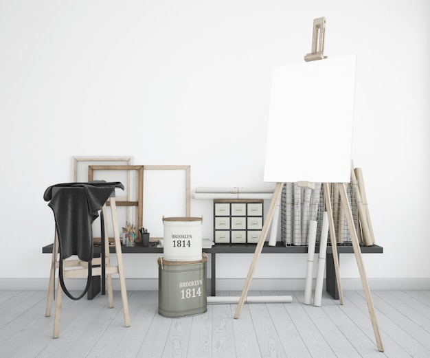 Free PSD art studio with canvas and apron