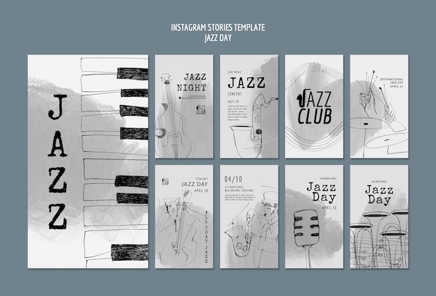 Artistic jazz day instagram stories template set collection