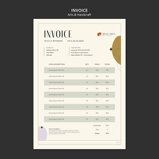 Free PSD arts and crafts lessons invoice template with abstract shapes