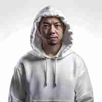 Free PSD asian man wearing white hoodie and looking at camera on white background