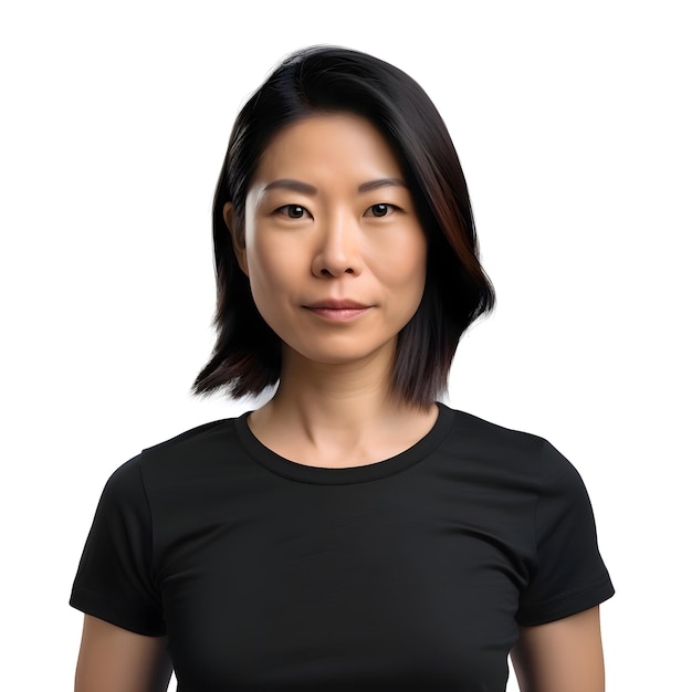 無料PSD 白い背景に隔離された黒いtシャツを着たアジア人女性