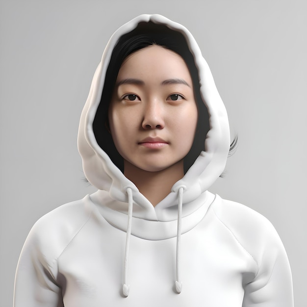 PSD gratuito ritratto di una donna asiatica con cappuccio bianco su sfondo grigio