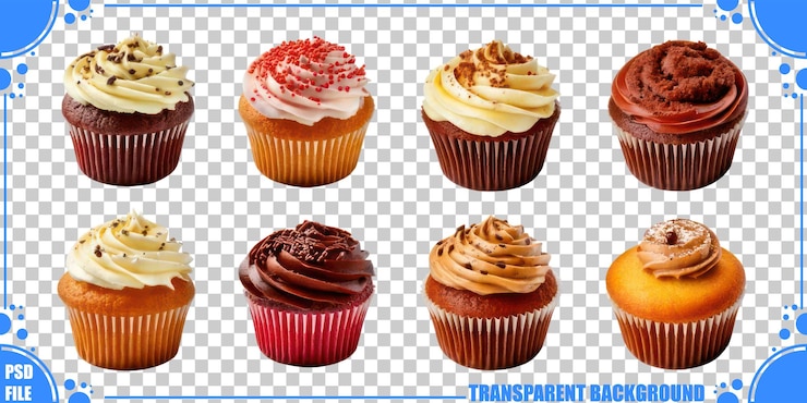 Free PSD assorted cupcakes on transparent background