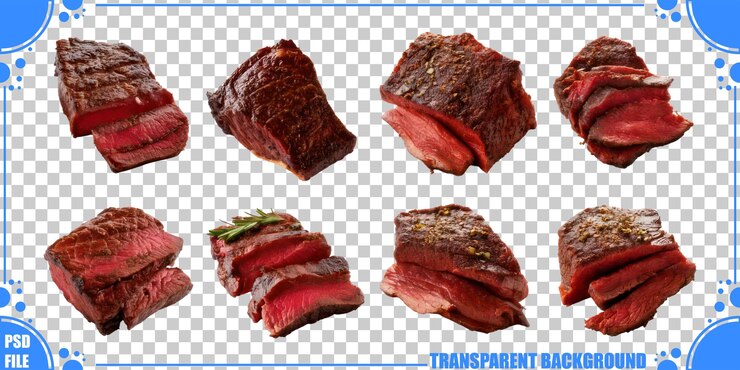 Free PSD assorted cuts of grilled beef on transparent background
