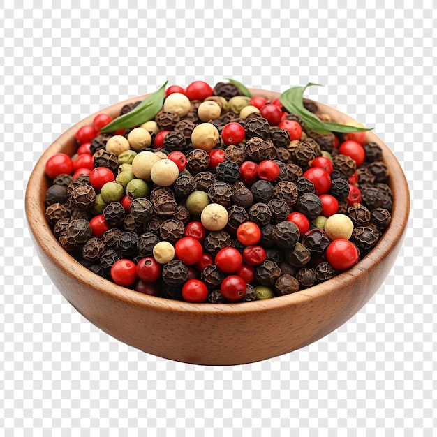 Assorted peppercorns in a bowl close up isolated on transparent background