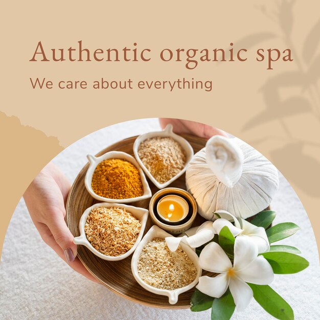 Authentic organic spa template psd with herbal equipment background