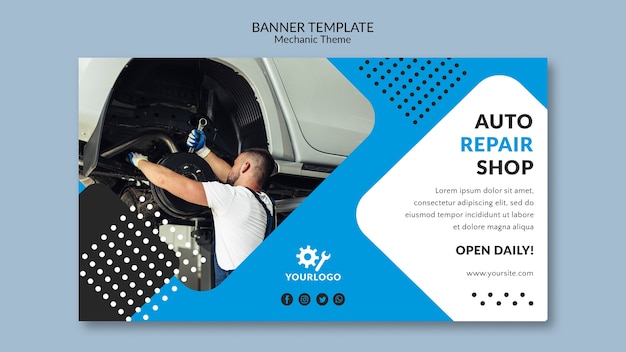 Auto repair shop and worker banner template