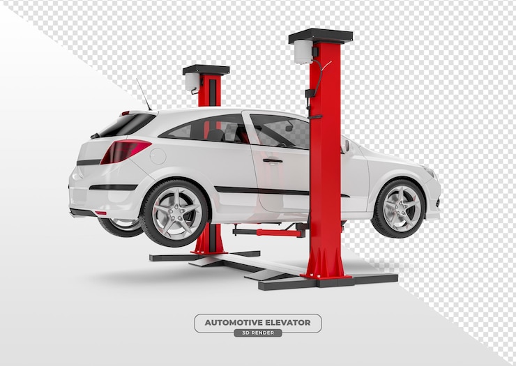 Free PSD automotive elevator with car for mechanic workshop in 3d render with transparent background