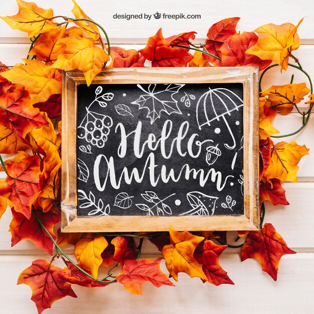 autumn mockup with slate on leaves