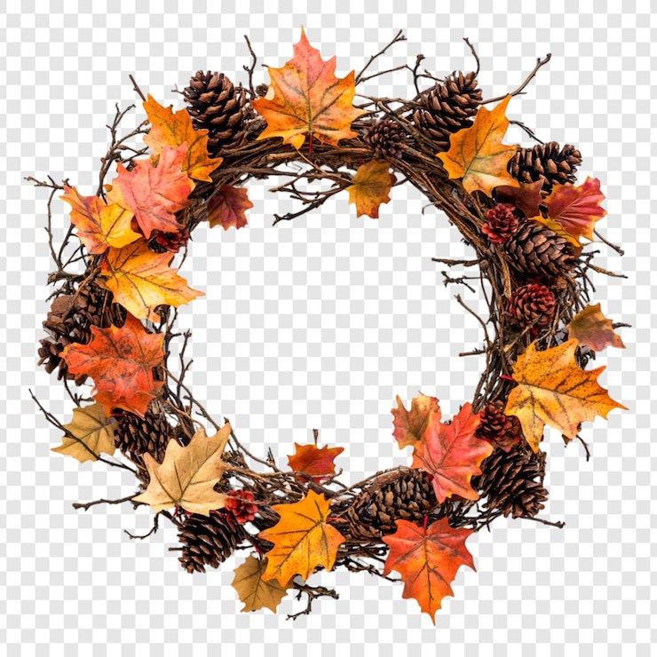 Free PSD autumnal wreath a fall decoration of maple leaves and pinecones