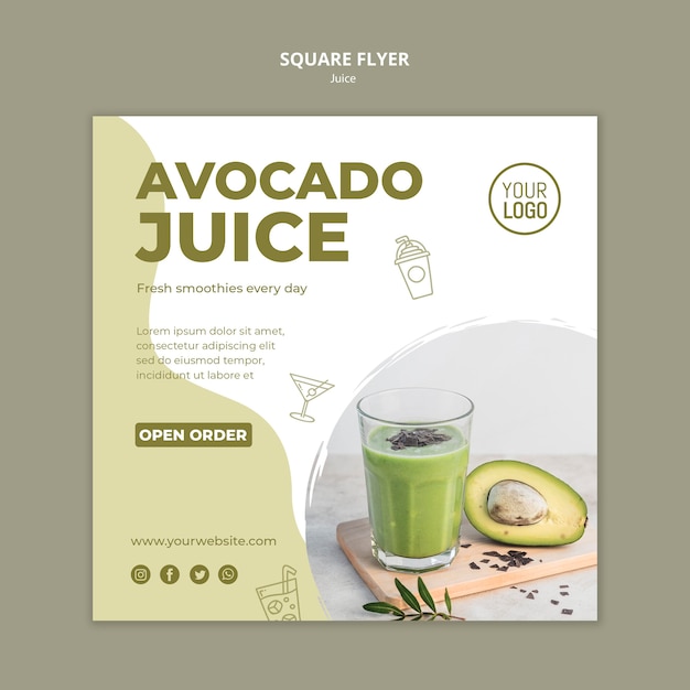 PSD gratuito modello di volantino quadrato di succo di avocado con foto