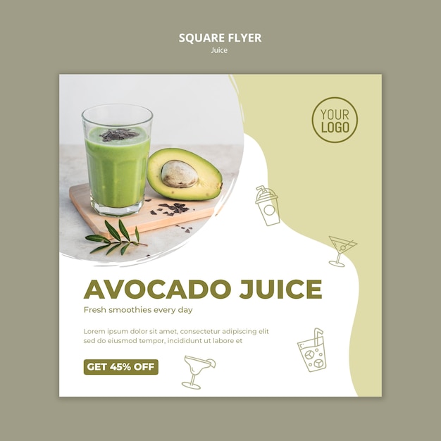 PSD gratuito volantino quadrato di succo di avocado con foto