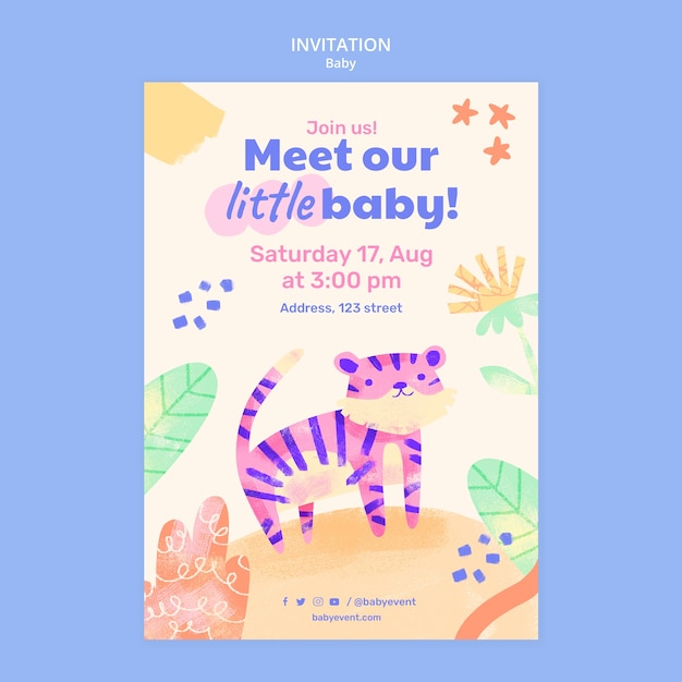 Free PSD baby event invitation template with animal drawings