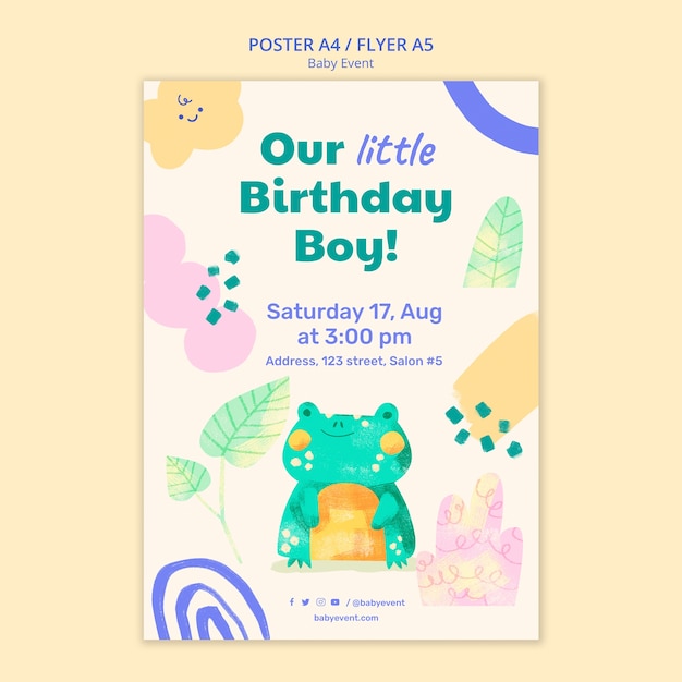 baby event vertical poster template with animal drawings