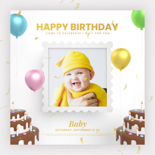 Baby happy birthday cake invitation card for instagram social media post template with mockup