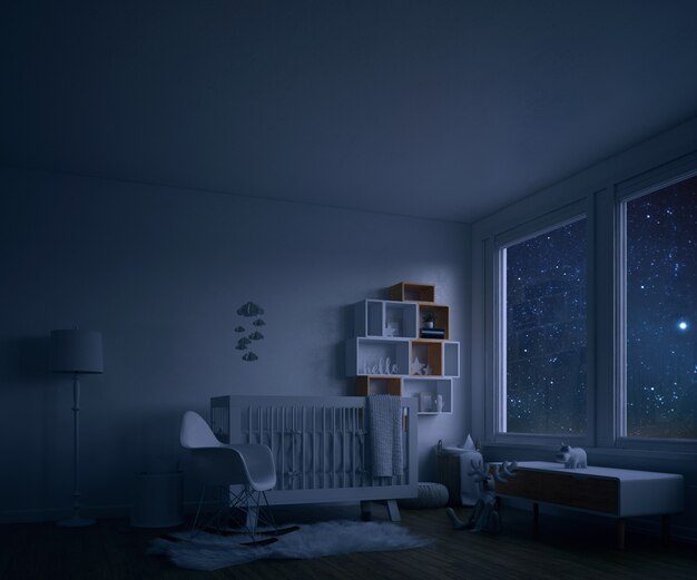 Детская комната с белой кроваткой ночью