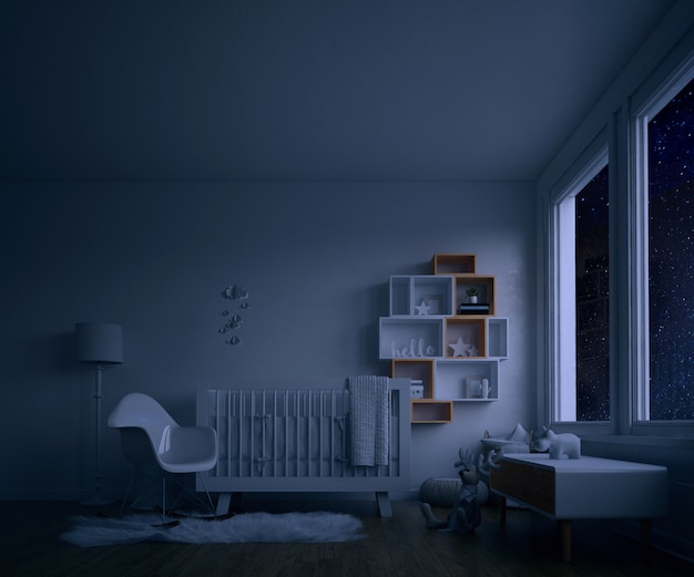 Baby's room with white crib at night