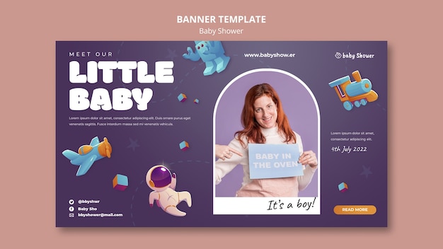 PSD gratuito modello di banner orizzontale per baby shower con giocattoli 3d