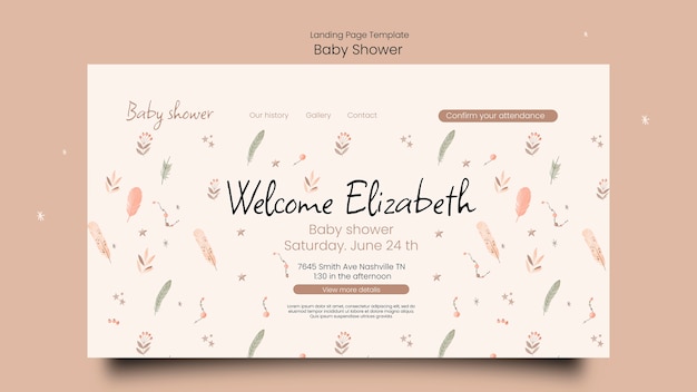 PSD gratuito modello di pagina di destinazione per baby shower con vegetazione