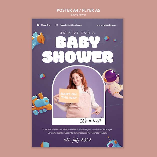 PSD gratuito modello di poster verticale per baby shower con giocattoli 3d