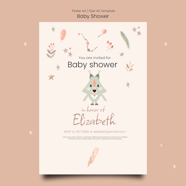 Baby shower vertical poster template with vegetation and fox