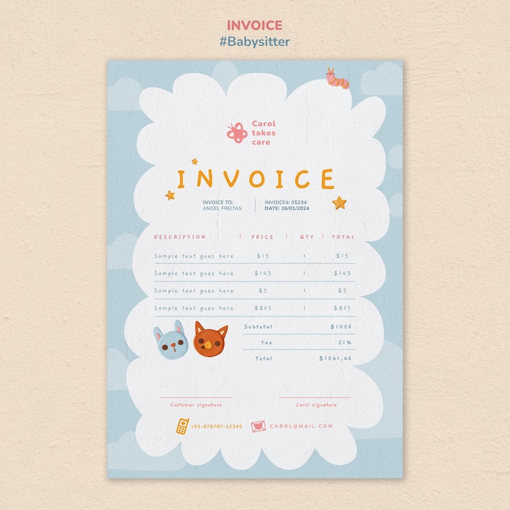 Free PSD | Babysitter job invoice template