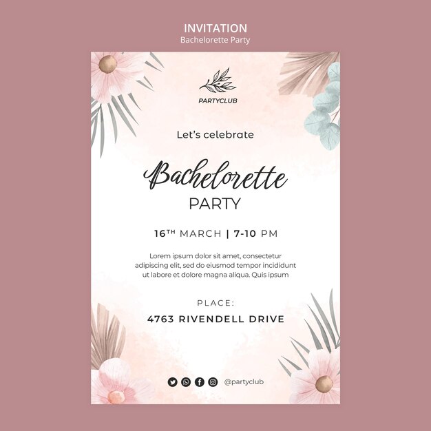 Bachelorette party invitation template with watercolor floral design