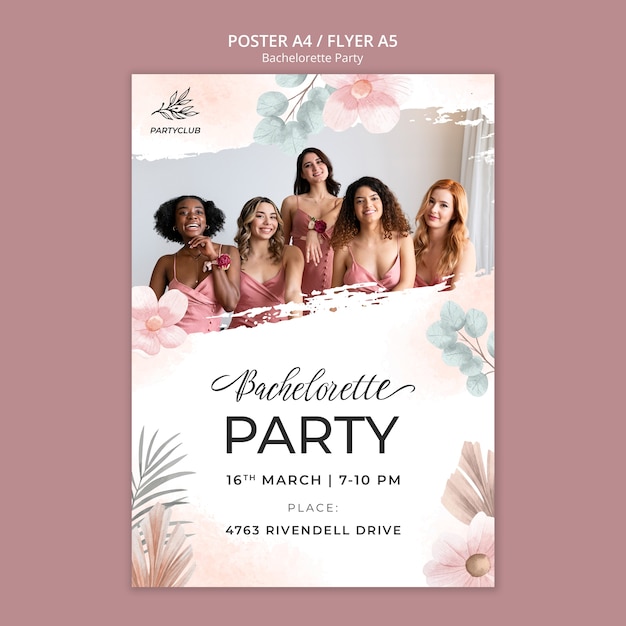 Bachelorette party vertical poster template with watercolor floral design