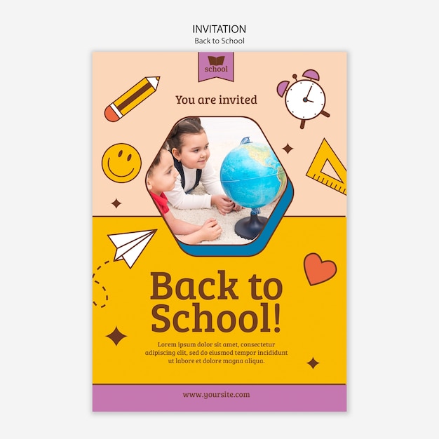 Free PSD back to school invitation template with school supplies
