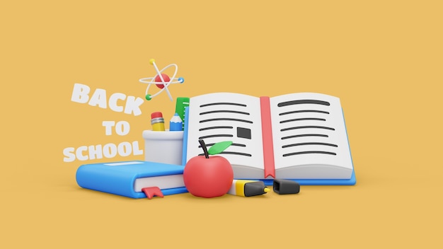 Back to school mock-up with 3d render school supplies