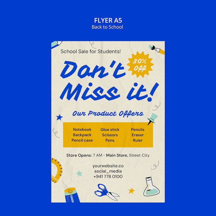 Бесплатный PSD back to school sale flyer for students with 30% off