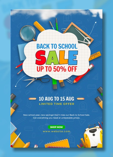 Free PSD back to school sale poster with colorful pencils and elements