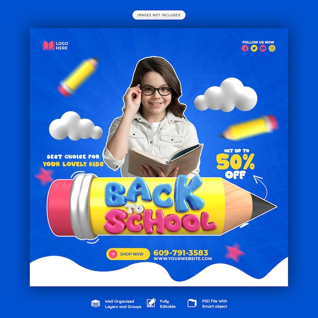 Free PSD back to school social media banner or instagram post template