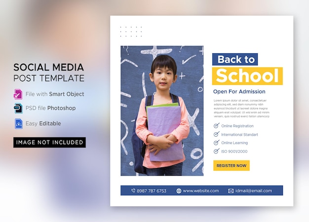 학교 입학 마케팅 소셜 미디어 게시물 또는 사각형 전단지 템플릿 돌아가기 premium psd